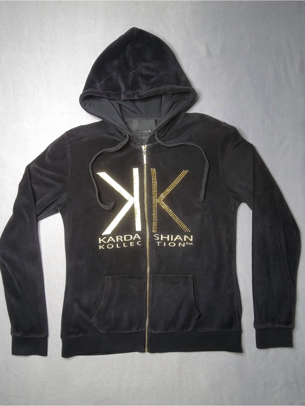 Kardashian Kollection women velor tracking hoodie full zip black gold size m